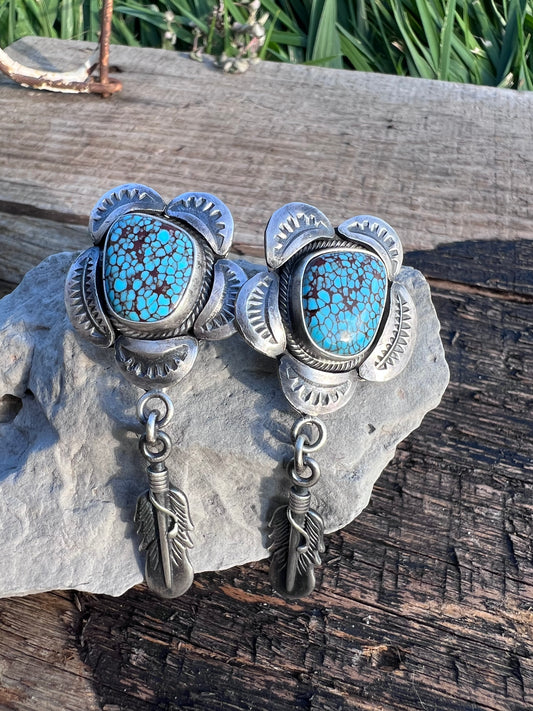 Native American Handmade Sterling & Egyptian Turquoise Flower & Feather Post Dangle Earrings 2 4/8”