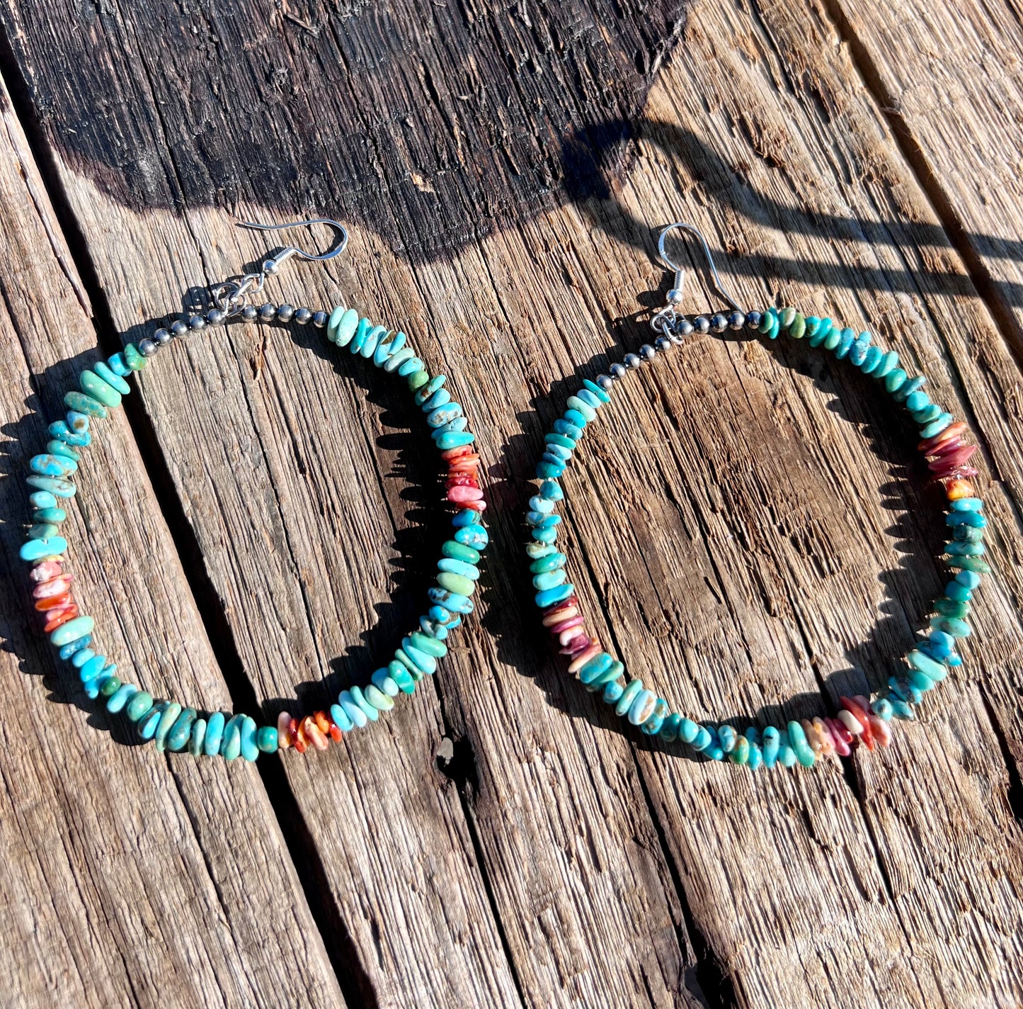 Sterling, Blue ridge Turquoise & Spiny Oyster Large Hoop Dangle Earrings 3.5”