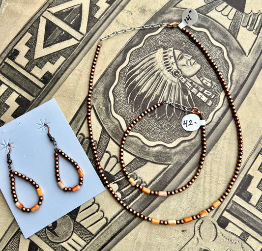 Copper & Orange Spiny Oyster Necklace, Bracelet & Earrings Set