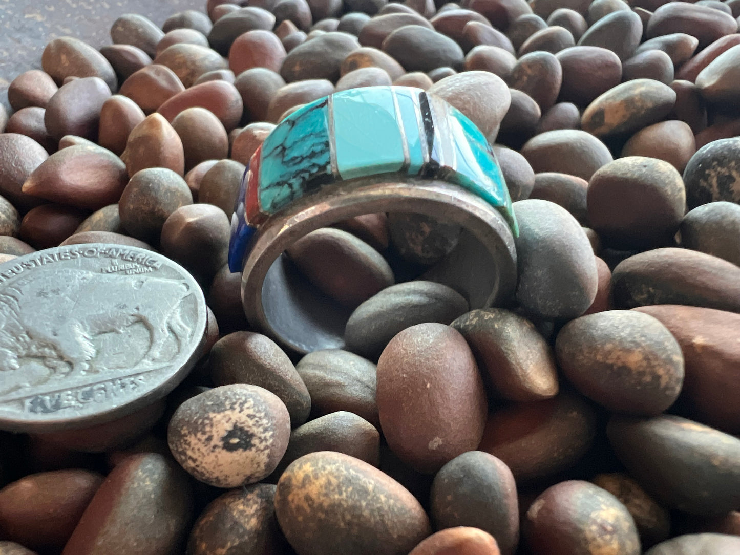 Vintage Navajo Handmade Men’s Inlay Ring - Lapis, Coral, Turquoise, Onyx, Jasper & Sterling Silver Sz 10