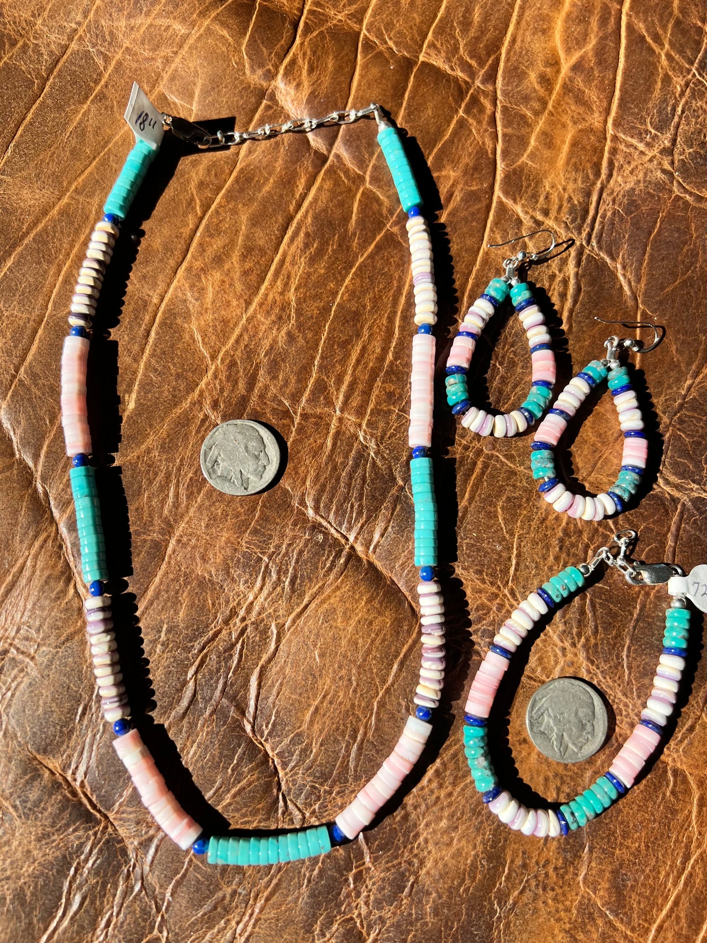 Lapis, Pink Conch, Turquoise, Wampum w/ Sterling Bracelet, Necklace & Earring Set