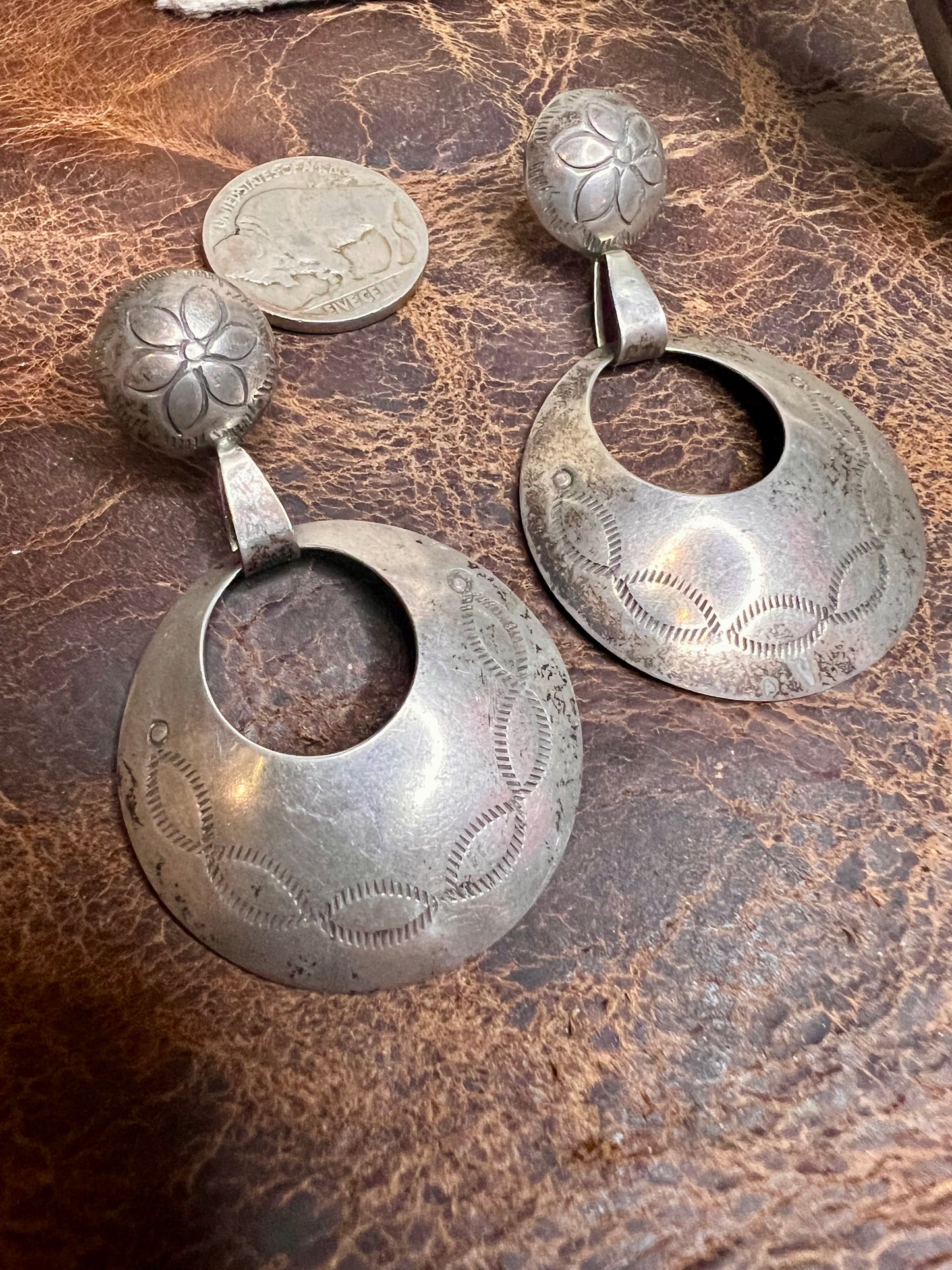 Gorgeous!!!! Vintage Handmade Sterling Silver Concho Post Dangle Hoops