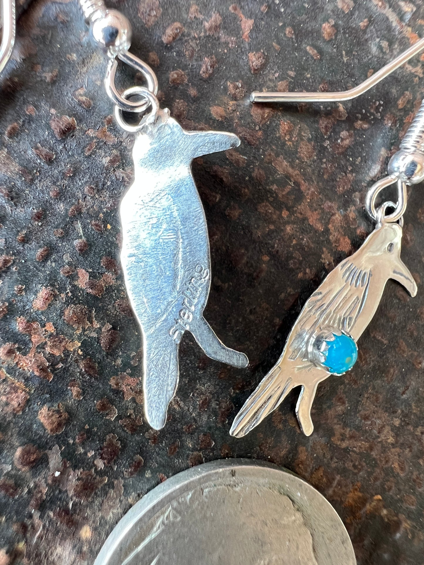 Dainty Handmade by Lucille Platero (Navajo) Turquoise & Sterling Silver Crow Earrings 1.5” Length