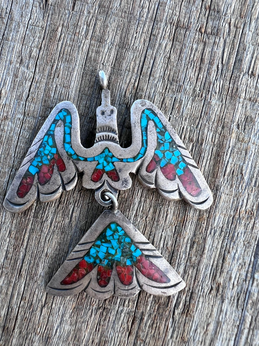 Vintage Native American Handmade Sterling Turquoise & Red Coral Chip Inlay Pendant 2.25”x 2”
