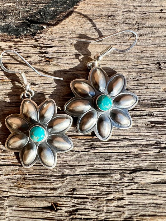 Handmade by Robert Johnson Sterling & Sleeping Beauty Turquoise Repousse’ Daisy Dangle Earrings