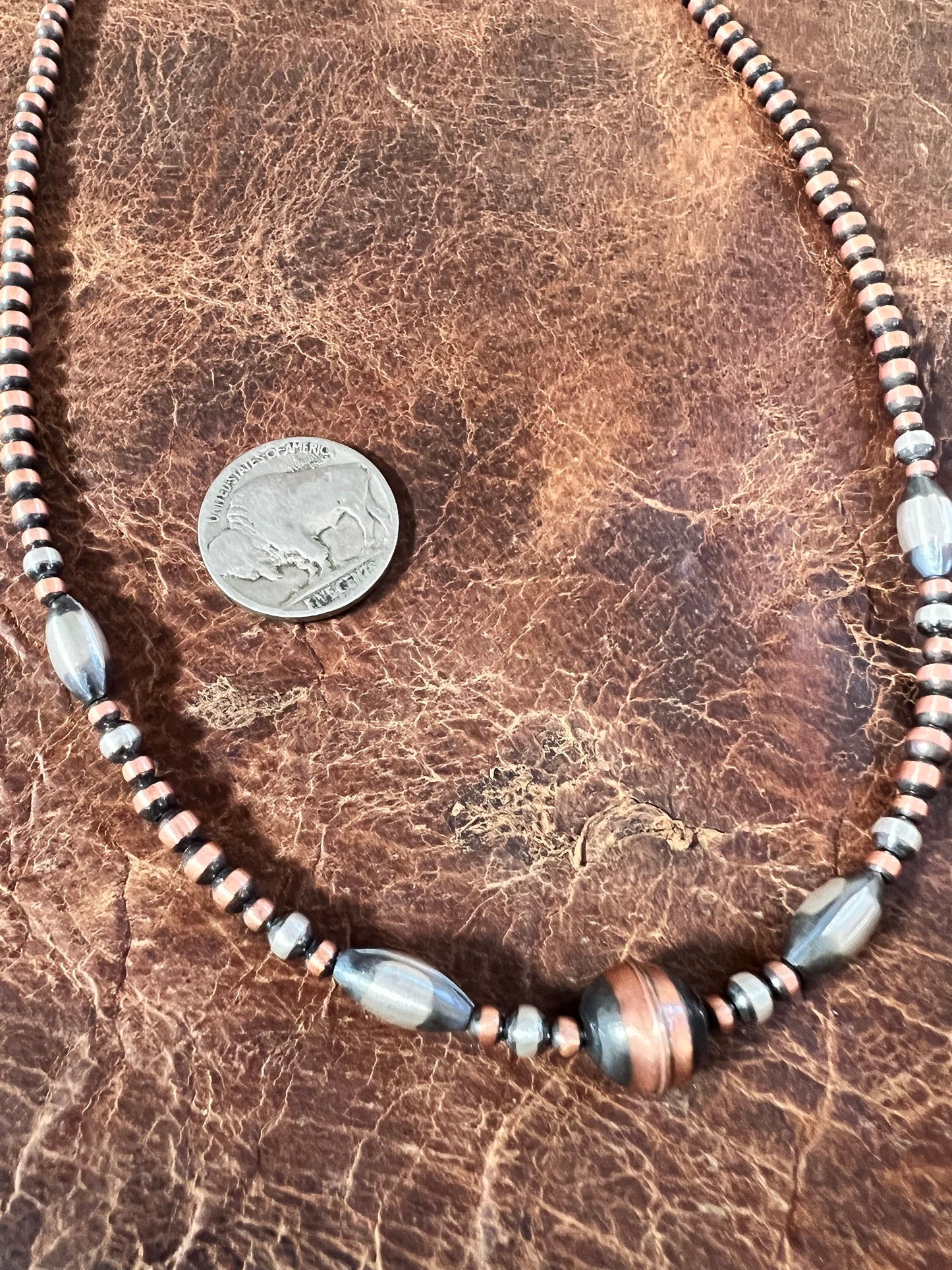 Copper & Sterling Silver 4-10mm Bead Necklace 20-22”