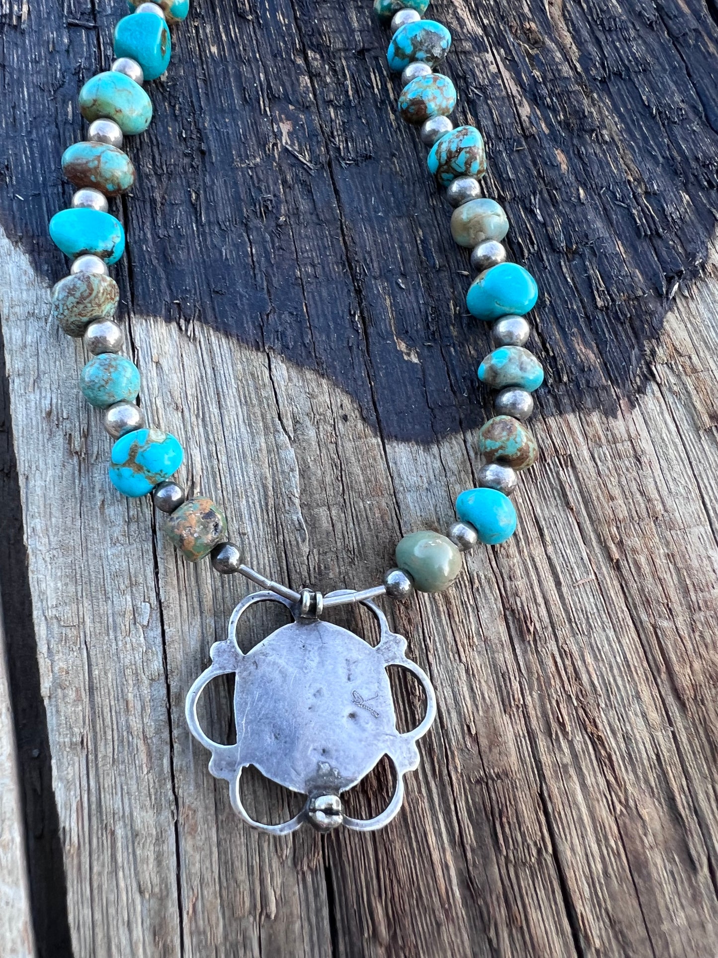 Vintage Turquoise Nugget(8mm), Sterling bead(5mm), Vintage Broach(11mm) Necklace 18”