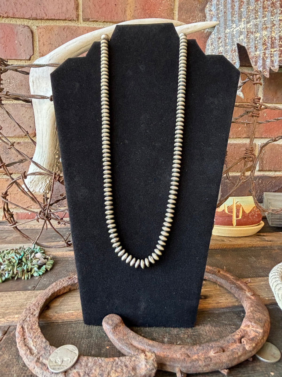 Navajo Pearls Handmade by Bryannen Halwood. Sterling Silver 8mm Saucer Bead Necklace 24”