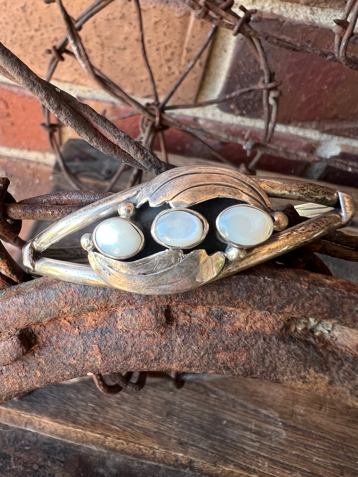 Vintage 3-stone Mother-of-Pearl & Sterling Cuff Bracelet Size 6.5”