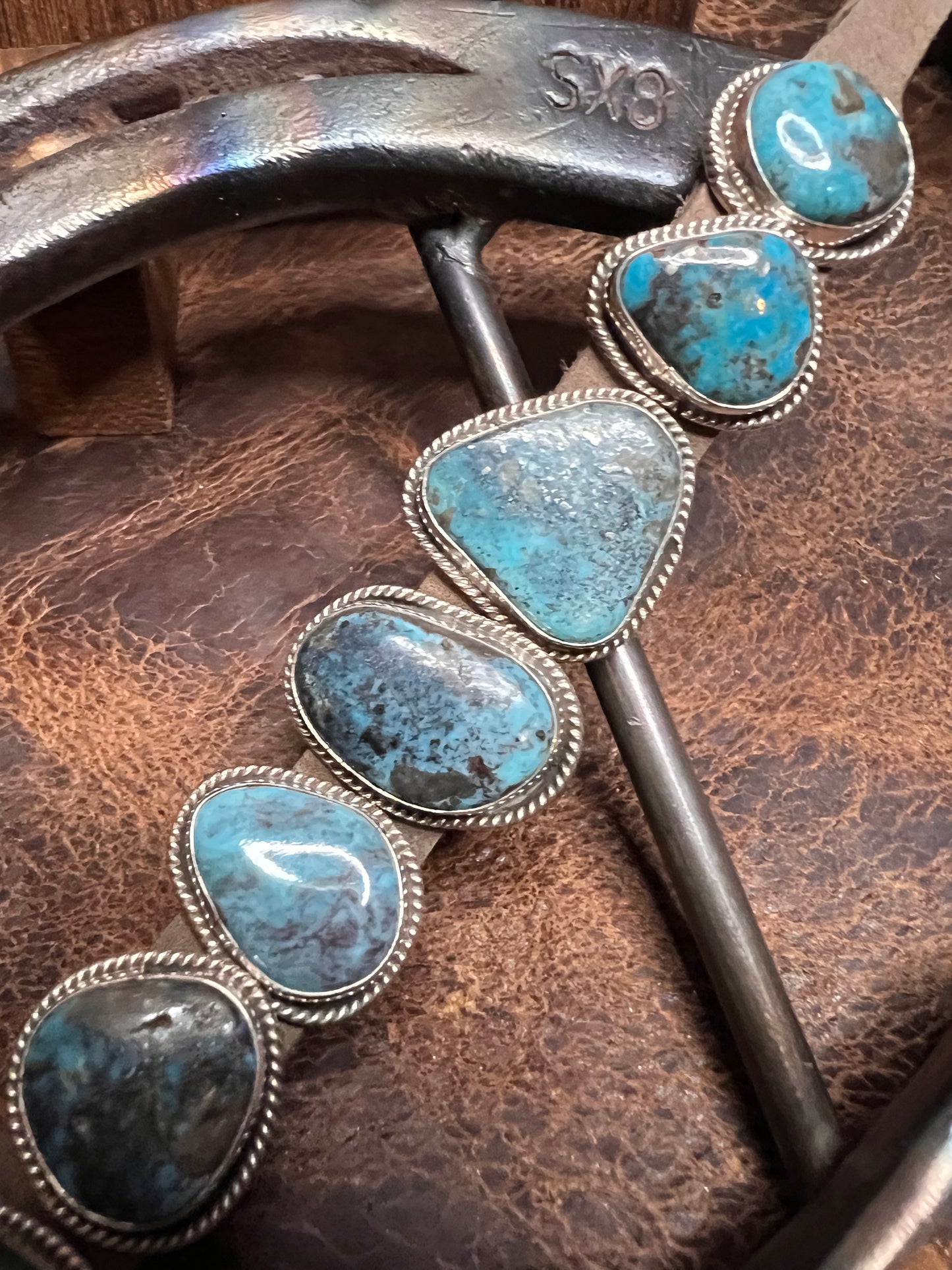 Navajo Handmade by Danny Martinez, signed “M” Sterling, Turquoise on Leather Bracelet Sz 6.5-9”