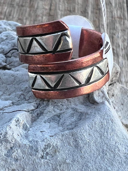 Native American Handmade by Wylie Secatero- Copper & Sterling  Adjustable Ring Sz 9