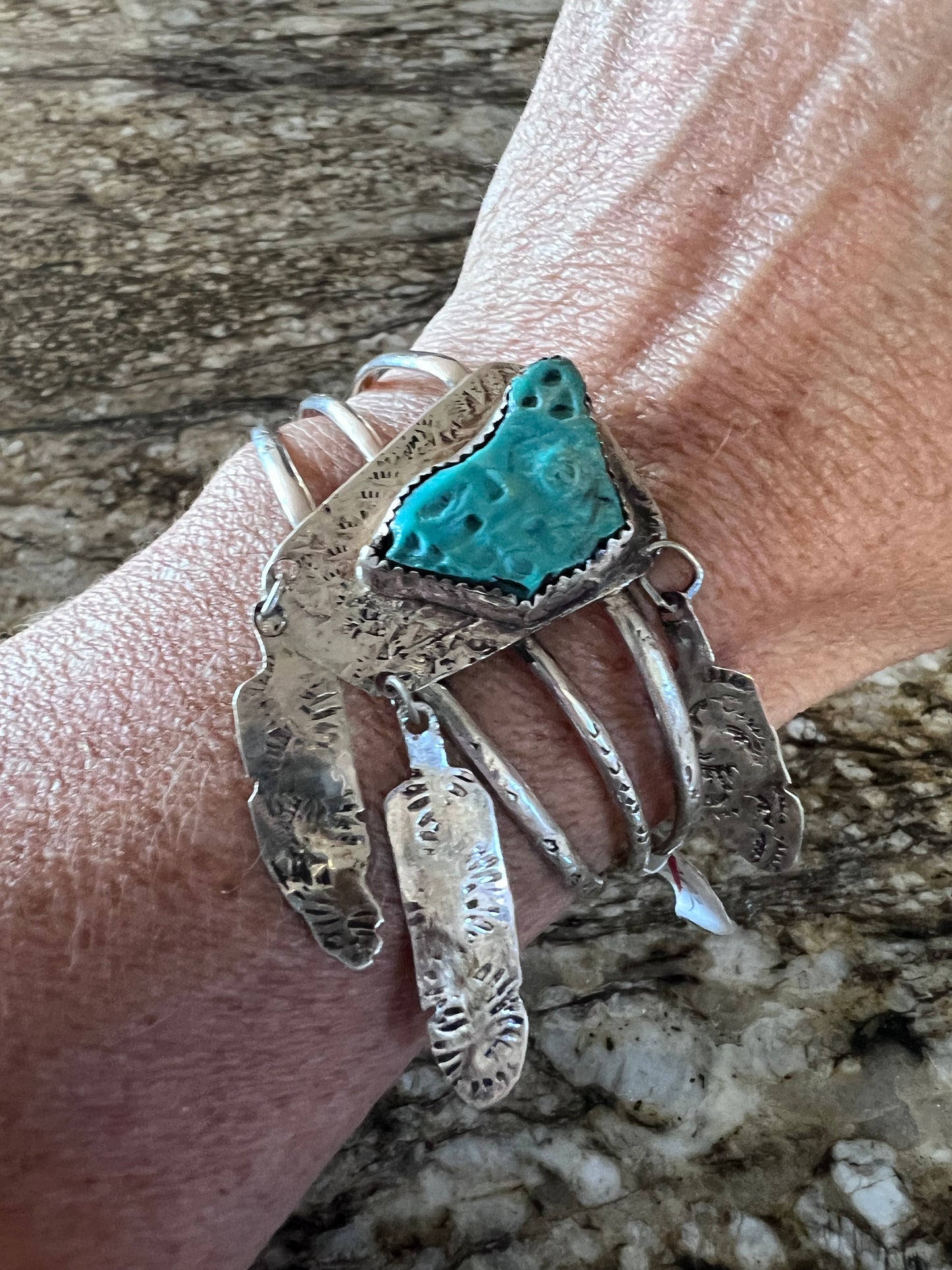 Handmade Glen Jones Sterling & Carved Turquoise w/Feathers Cuff Sz 6-6.5