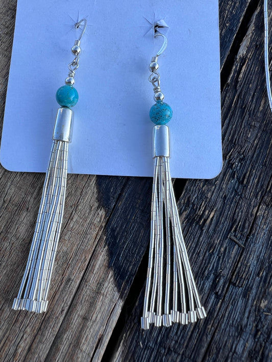 Sterling Liquid Silver & Turquoise Tassel Dangle Earrings 3”