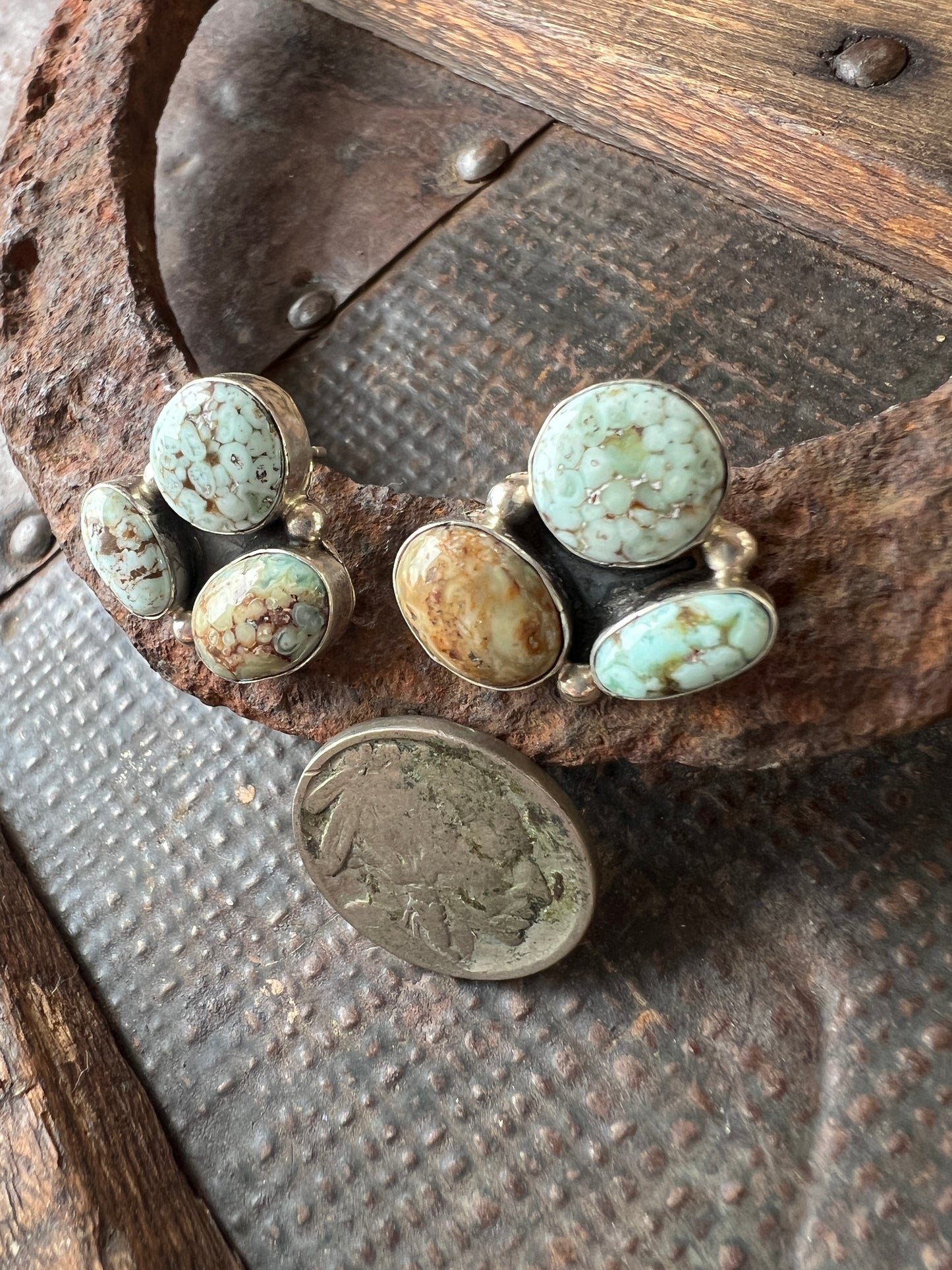 Navajo Handmade by Randall Endito *Dry Creek Turquoise & Sterling Cluster Post Earrings