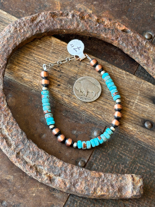 Copper & Sterling, Prince Turquoise Bead Bracelet 7”-8”