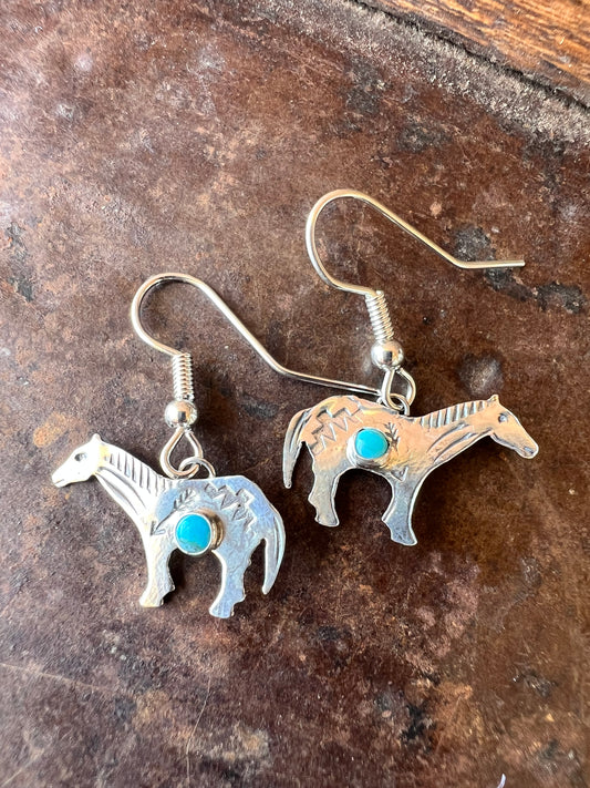 Dainty Handmade by Lucille Platero (Navajo) Turquoise & Sterling Silver Horse Earrings 1 1/4” Length