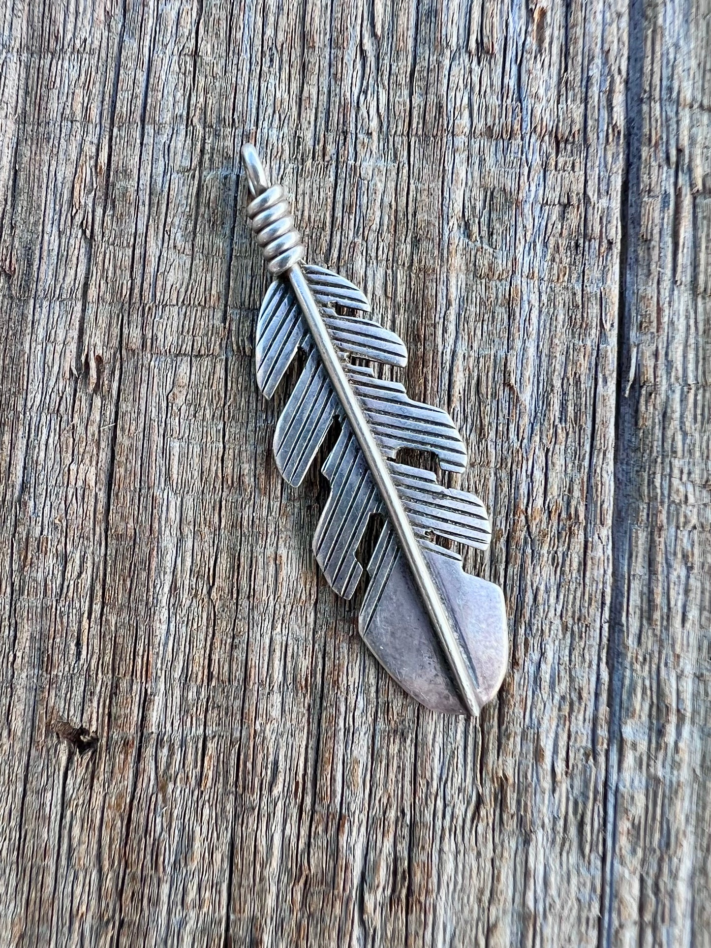 Native American Handmade Sterling Feather Pendant 1 5/8”