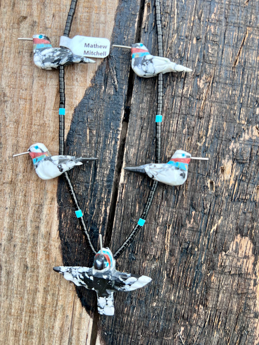 Matthew Mitchell Handmade White Buffalo Humming Bird Fetish Earrings & Necklace 25”