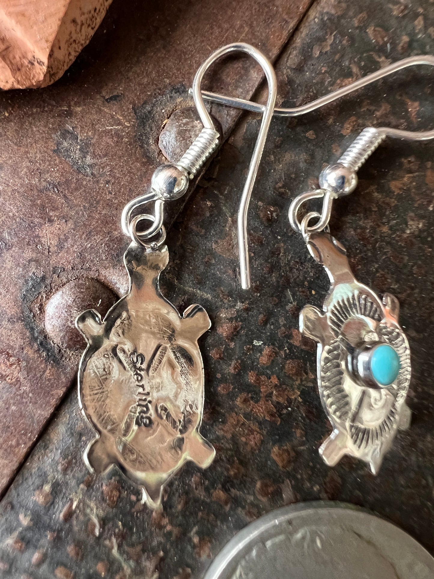 Dainty Handmade by Lucille Platero (Navajo) Turquoise & Sterling Silver Turtle Earrings 1.5” Length