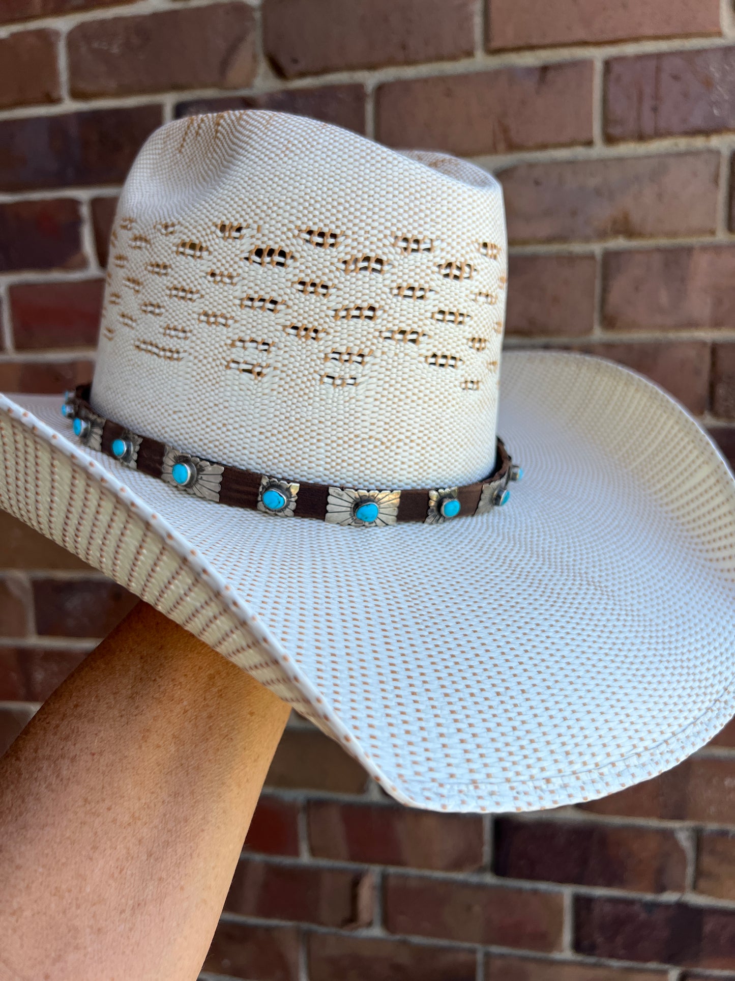 Sterling Silver & Turquoise on Brown Leather Hatband- Navajo Handmade by Marlene Ramone 27” x 1/2”
