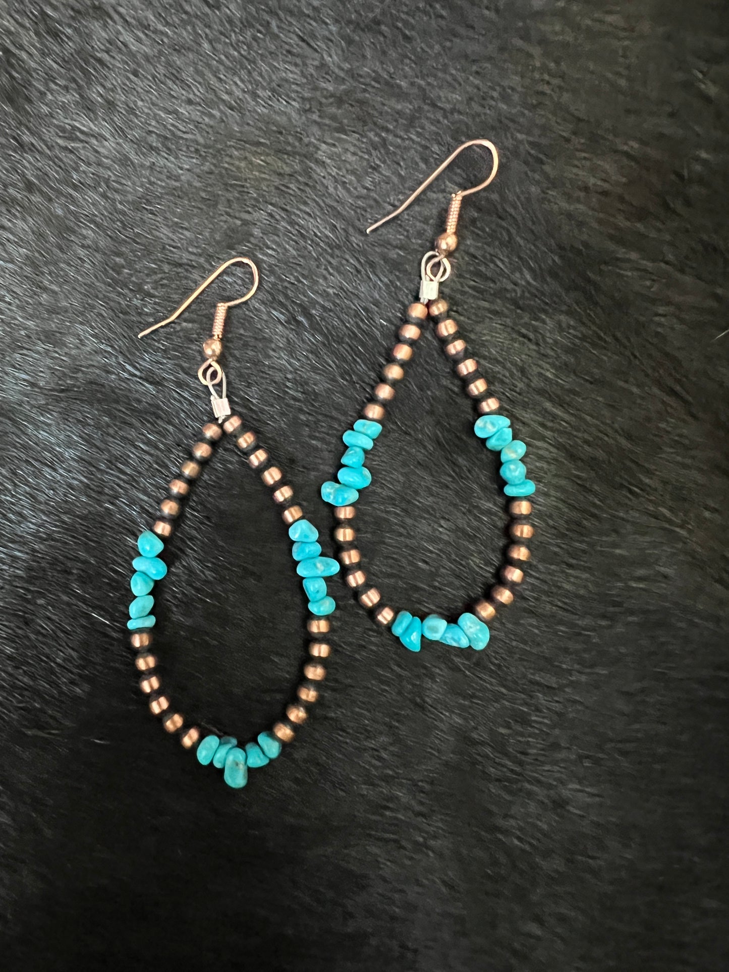 Genuine Copper Bead (3mm) & Sleeping Beauty Turquoise Hoop Dangle Earrings 2 3/4”