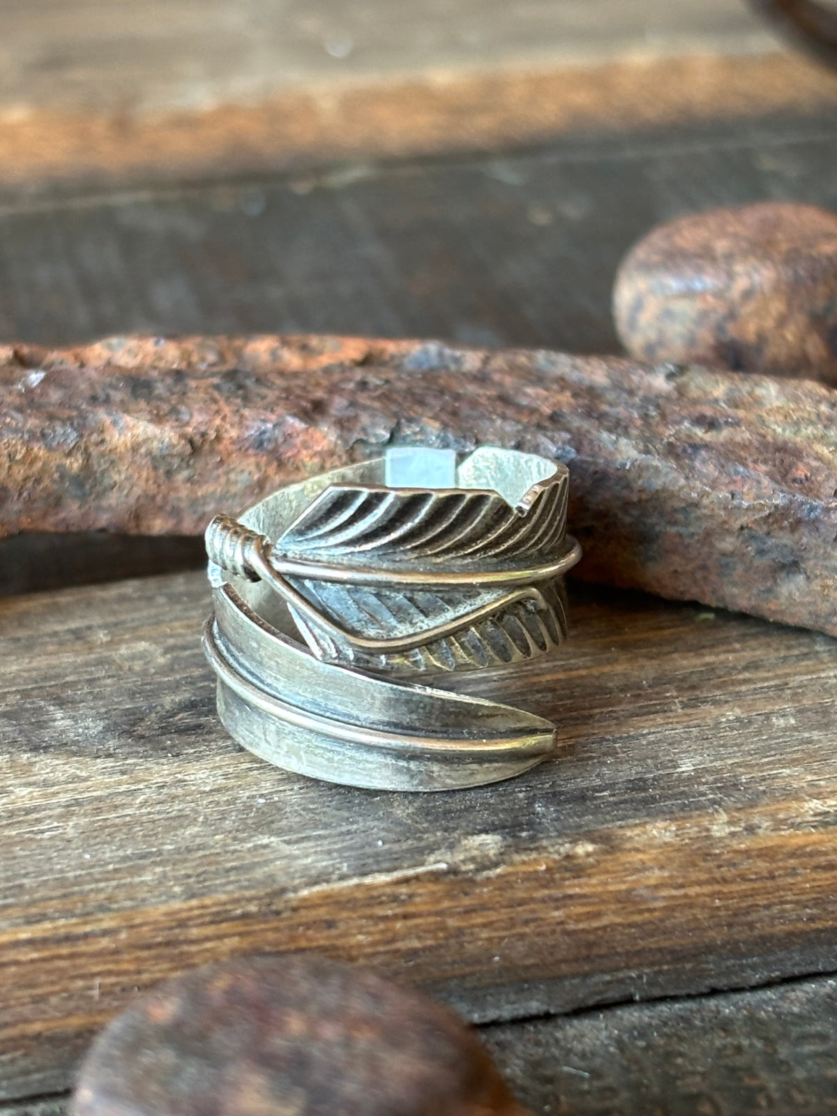 Native Handmade by Chris Charley Sterling Silver Feather Ring Size Adjustable