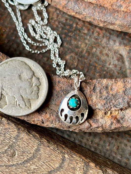 Dainty Sterling Bear Paw Turquoise Pendant Necklace 18”
