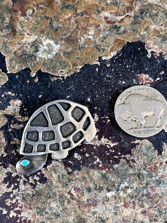 Vintage Sterling & Turquoise Turtle Pin 1.4”x .9”