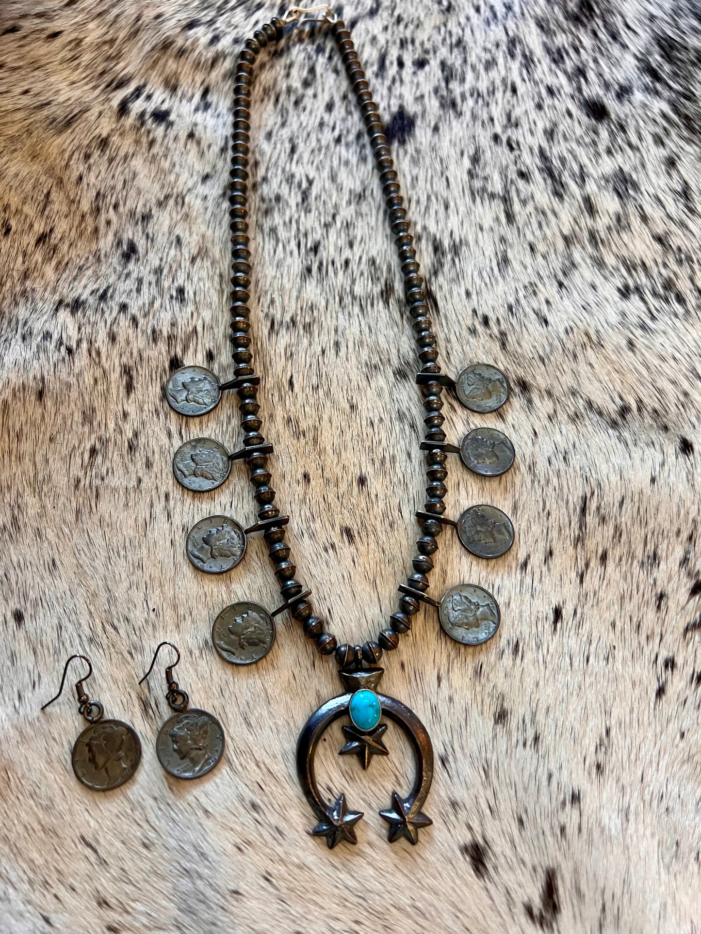 Navajo Handmade by Mekechto Jim. Mercury Dime Squash Necklace Cast Naja with Kingman Turquoise and Earrings Set