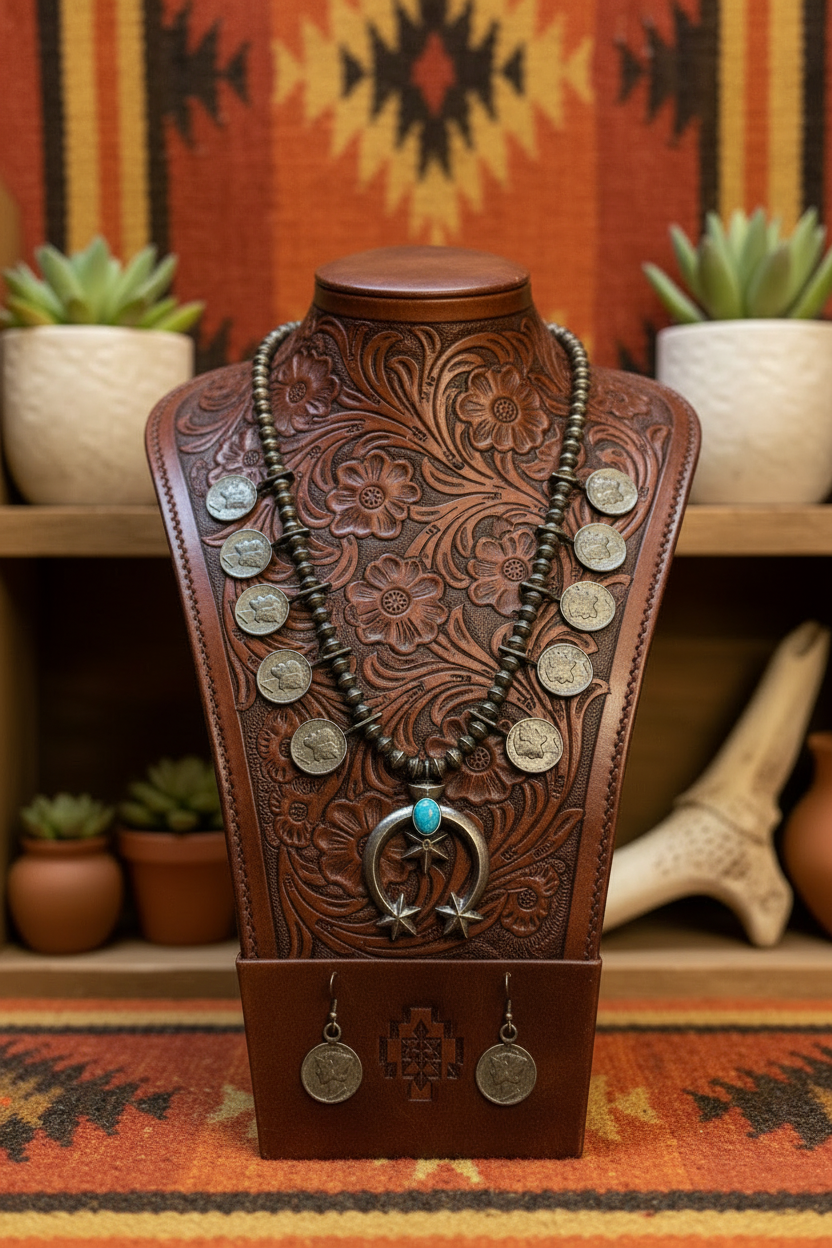 Navajo Handmade by Mekechto Jim. Mercury Dime Coin Squash Necklace Cast Naja with Kingman Turquoise and Earrings Set