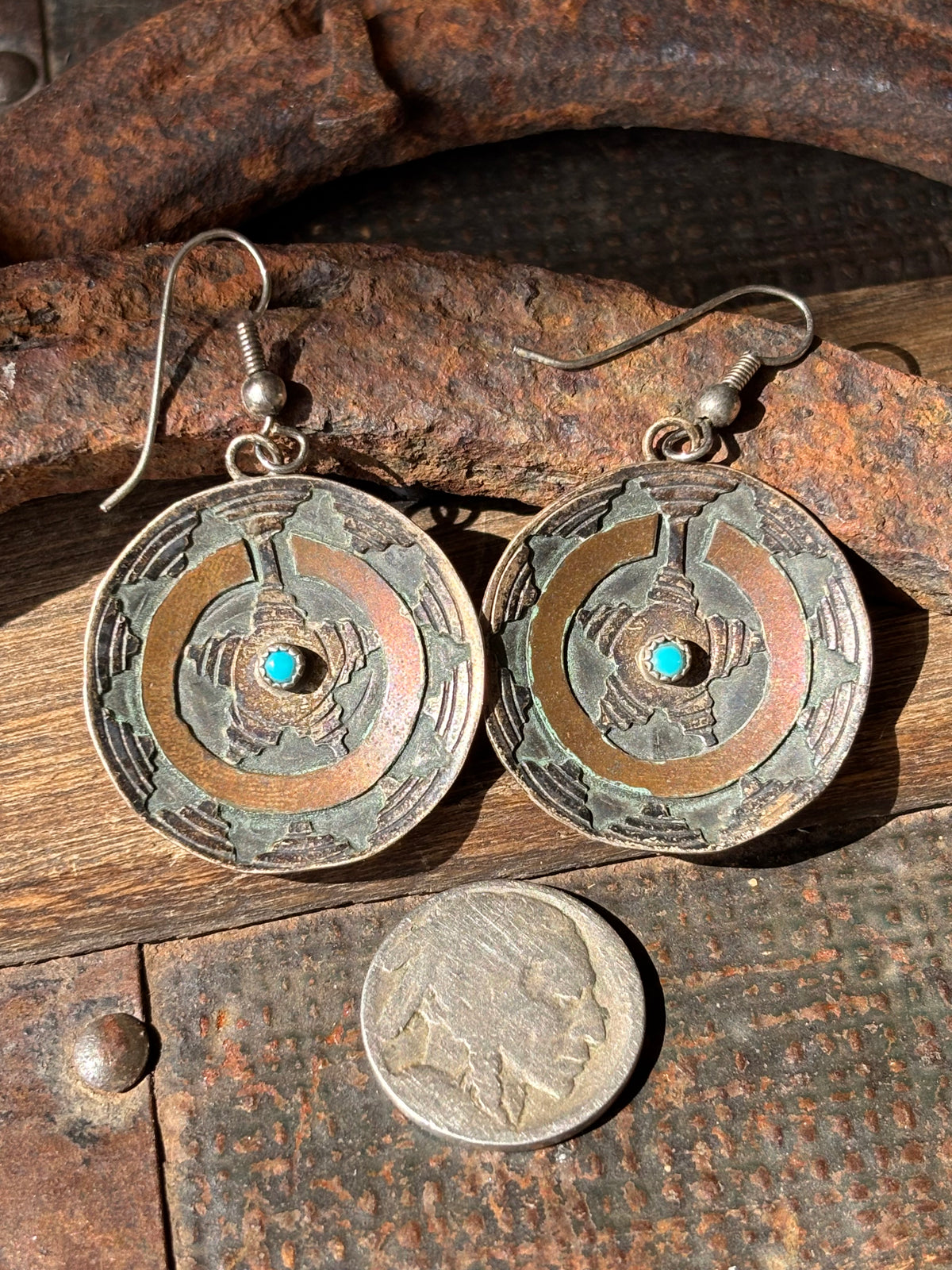 Vintage Native Handmade Sterling Silver & Turquoise Wedding Basket Dangle Earrings