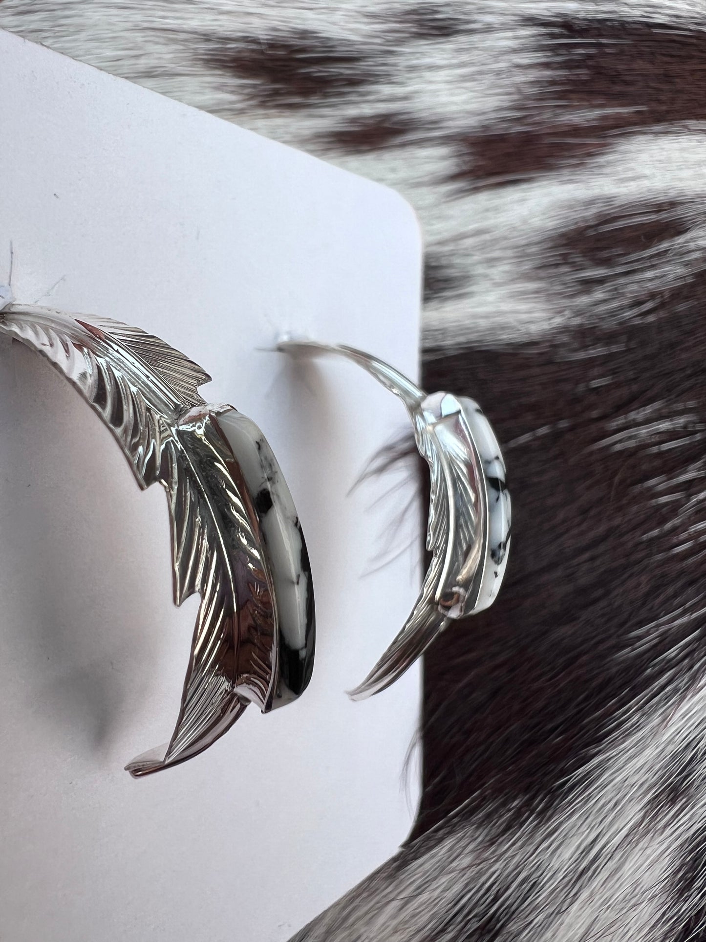 Native American Handmade by Barney. Sterling Silver & White Buffalo Half-hoop Post Earring 1”