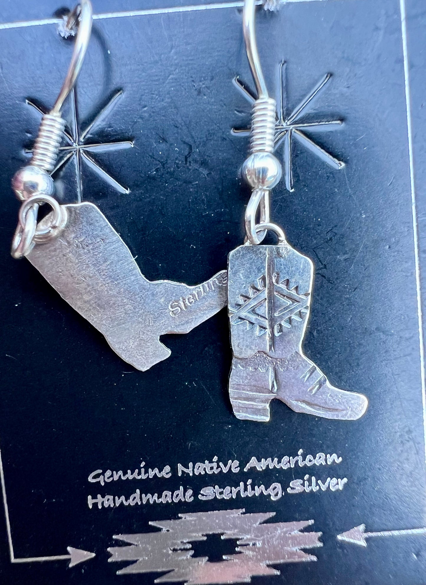 Native Navajo Handmade Sterling Dainty Cowboy Boot Dangle Earrings 1.25”