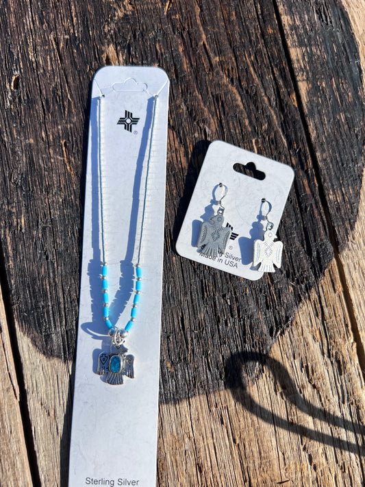 Sterling Liquid Silver & Turquoise Thunderbird Necklace 15” & Earrings 1.5” Set