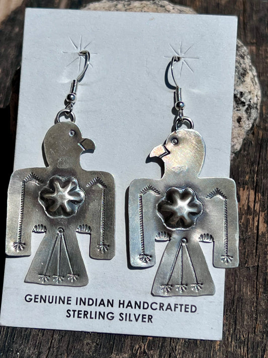 Native American Handmade Sterling Thunderbird Dangle Earrings by P. Yazzie 2.5”x1 1/8”