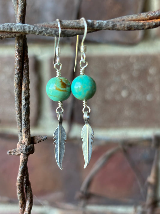 Sterling Silver & Tyrone Turquoise Feather Dangle Earrings 1.8”
