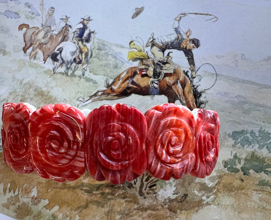 Red Spiny Oyster Carved Rose Stretch Bracelet Sz 6.5”