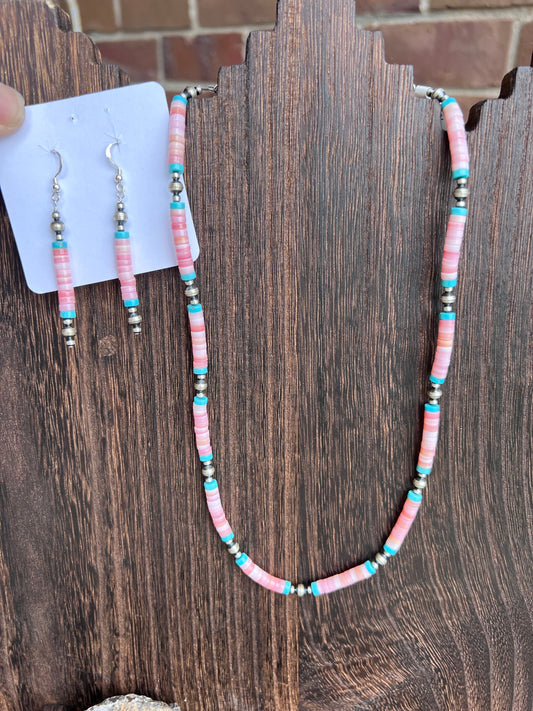 Southwest Sterling, Pink Conch & Turquoise Heishi Necklace & Earring Set