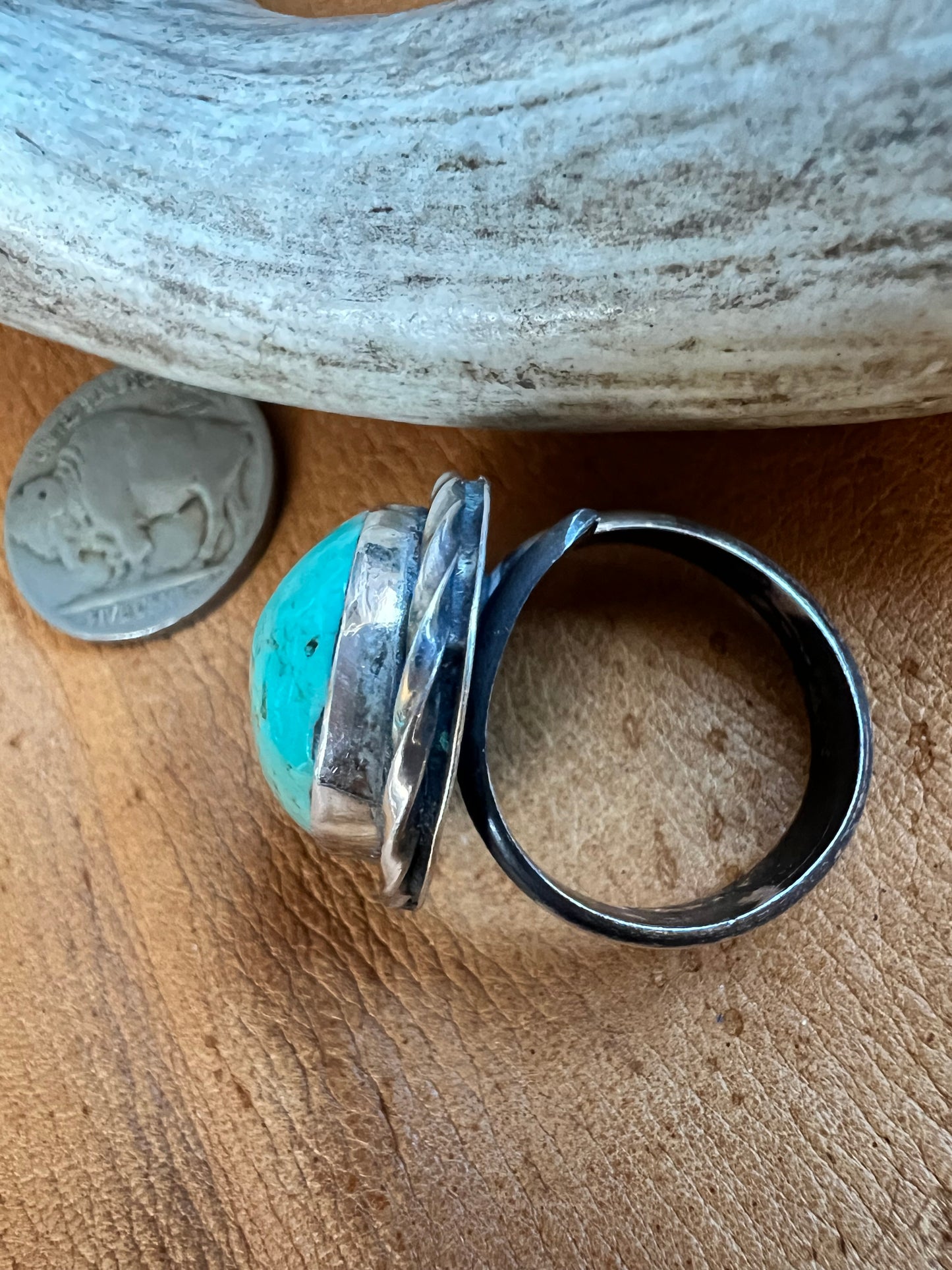Navajo Handmade by Michael Gleason. Kingman Sterling Ring Sz 8 Adjustable