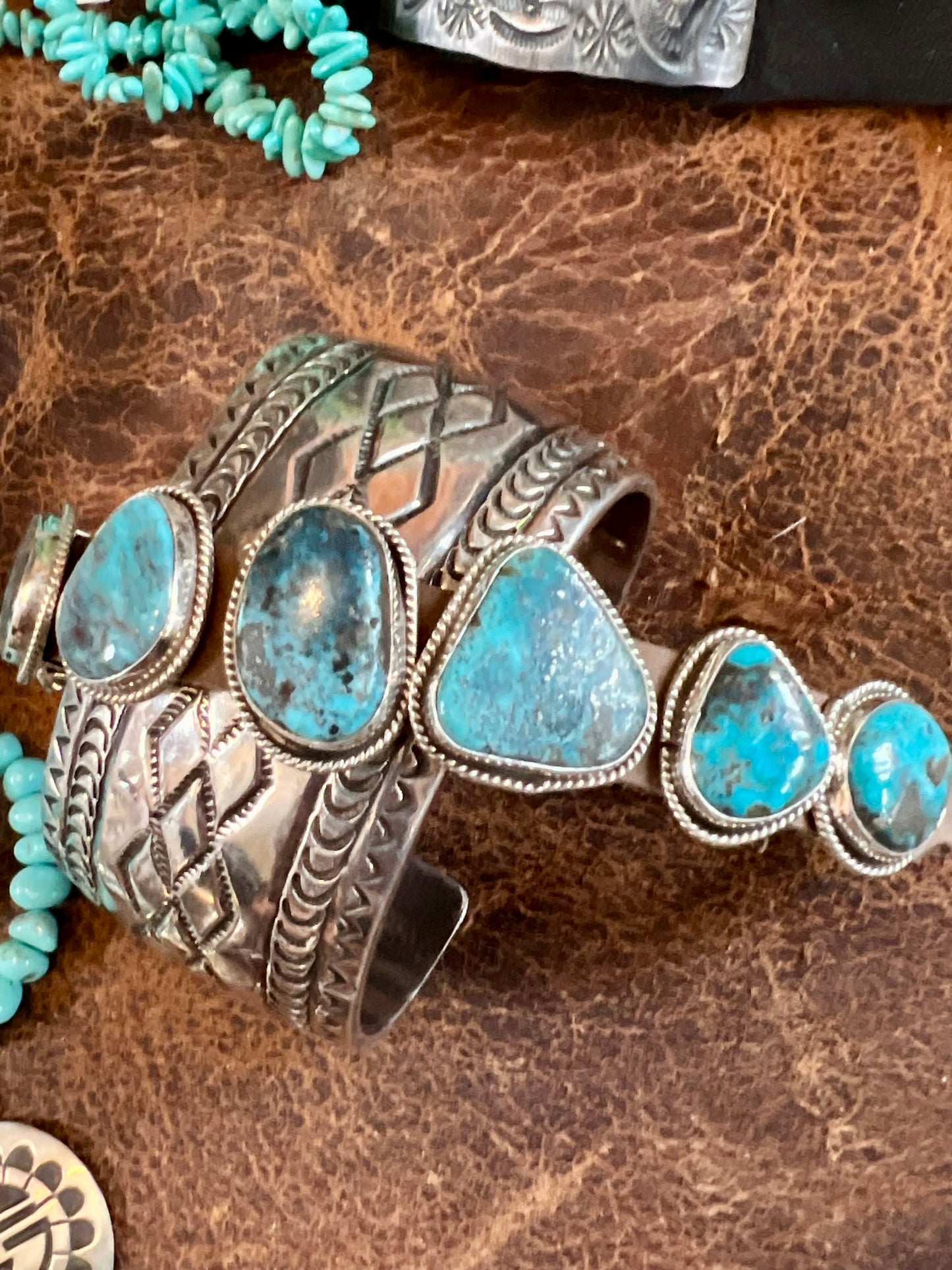 Handmade Sterling, Turquoise on Leather Bracelet Sz 6.5-9”