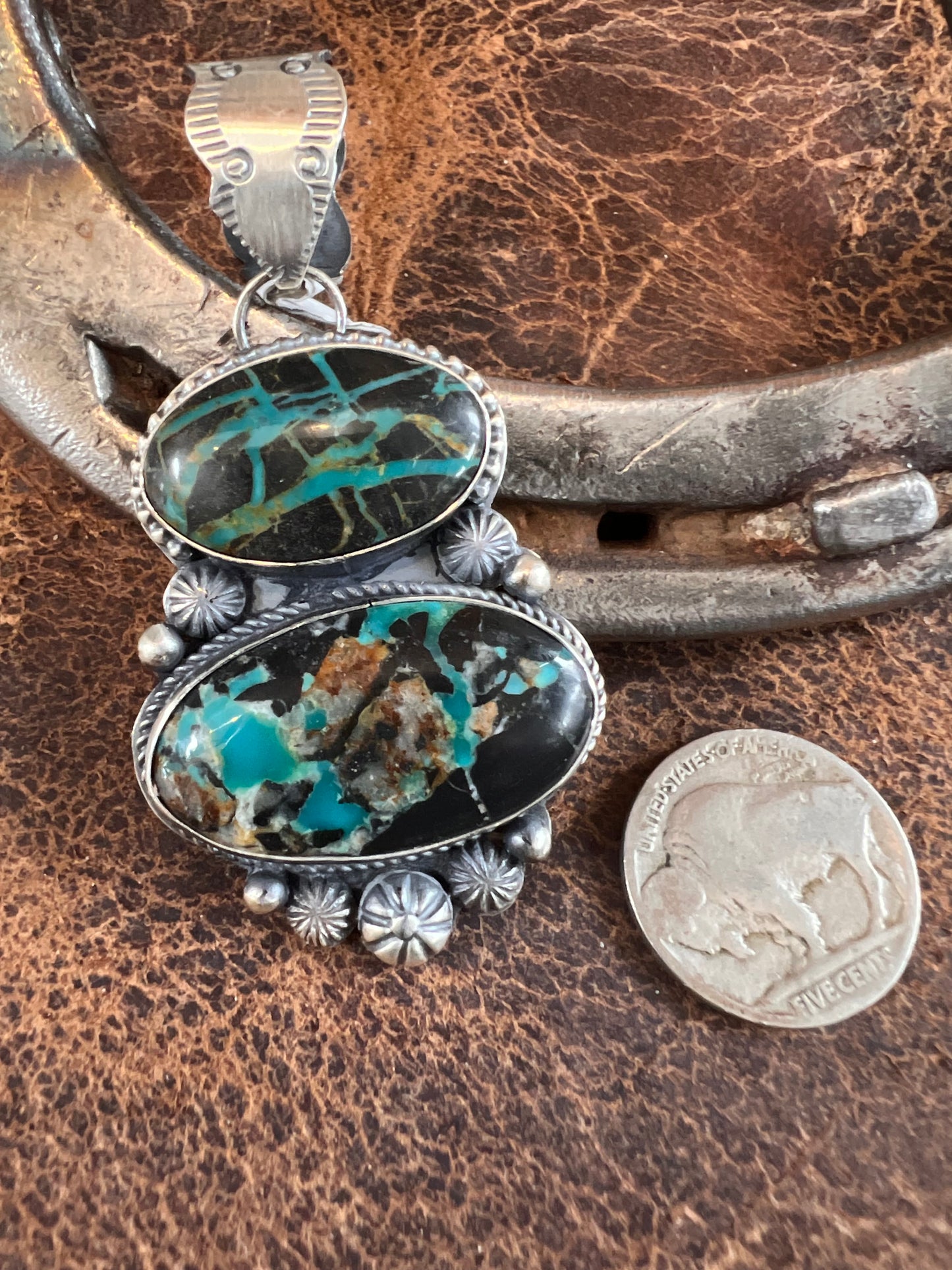 GORGEOUS Navajo Handmade Blue Moon Turquoise 2-stone Pendant by Tawney Willie.