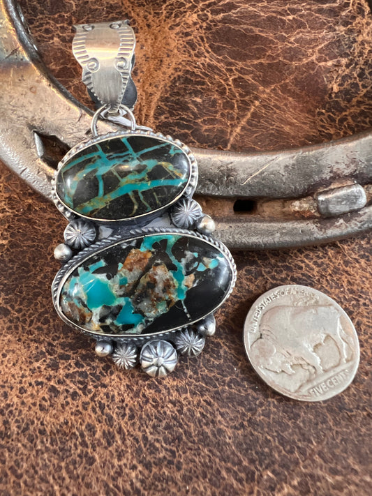 GORGEOUS Navajo Handmade Blue Moon Turquoise 2-stone Pendant by Tawney Willie.