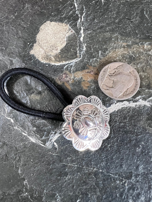 Native American Handmade by Bertha Begay- Sterling Scalloped Concho Hair Tie 1 1/8”