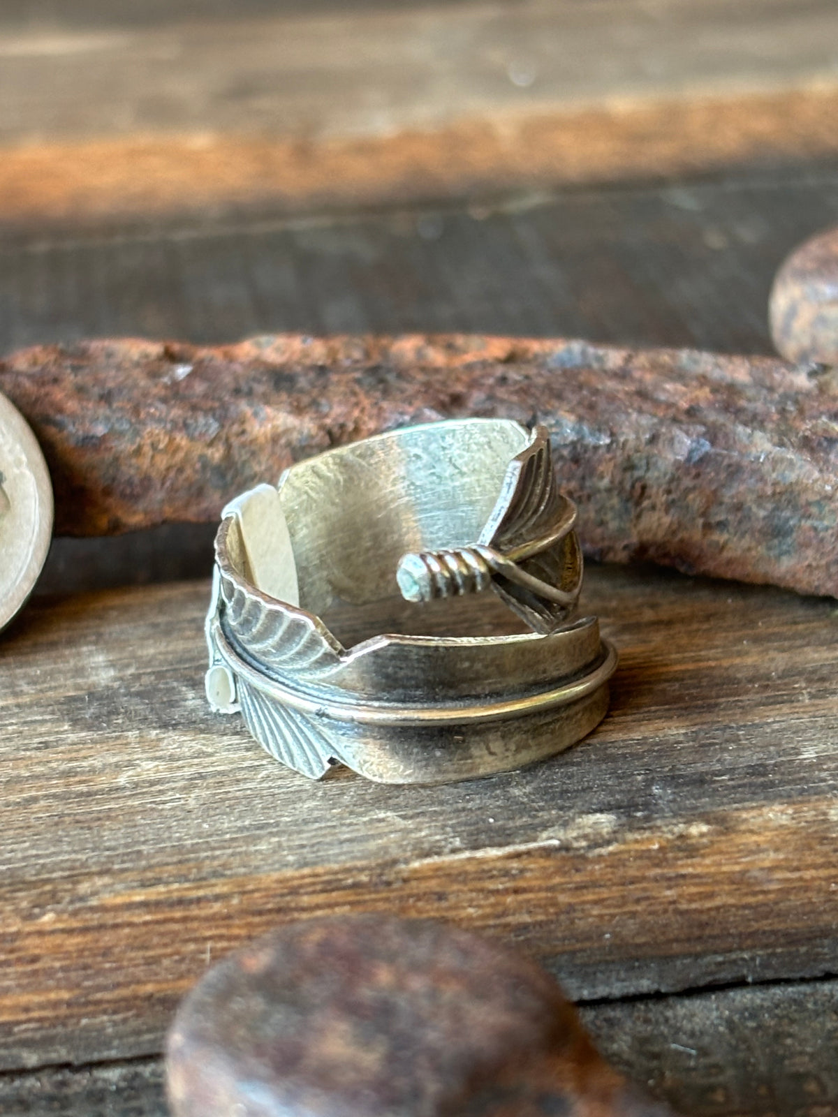 Native Handmade by Chris Charley Sterling Silver Feather Ring Size Adjustable