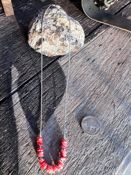 Sterling Liquid Silver & Red Spiny Rondelle Bead Necklace 16”