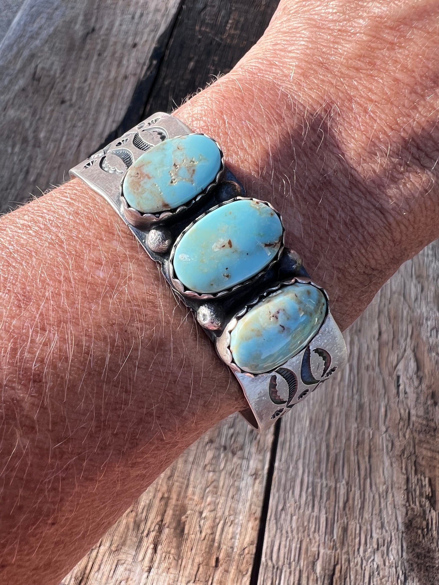 Navajo Handmade by La Rose Ganadonegro- Sterling & 3-stone RARE Dry Creek Turquoise Cuff Bracelet Sz 6.75, 7/8” wide