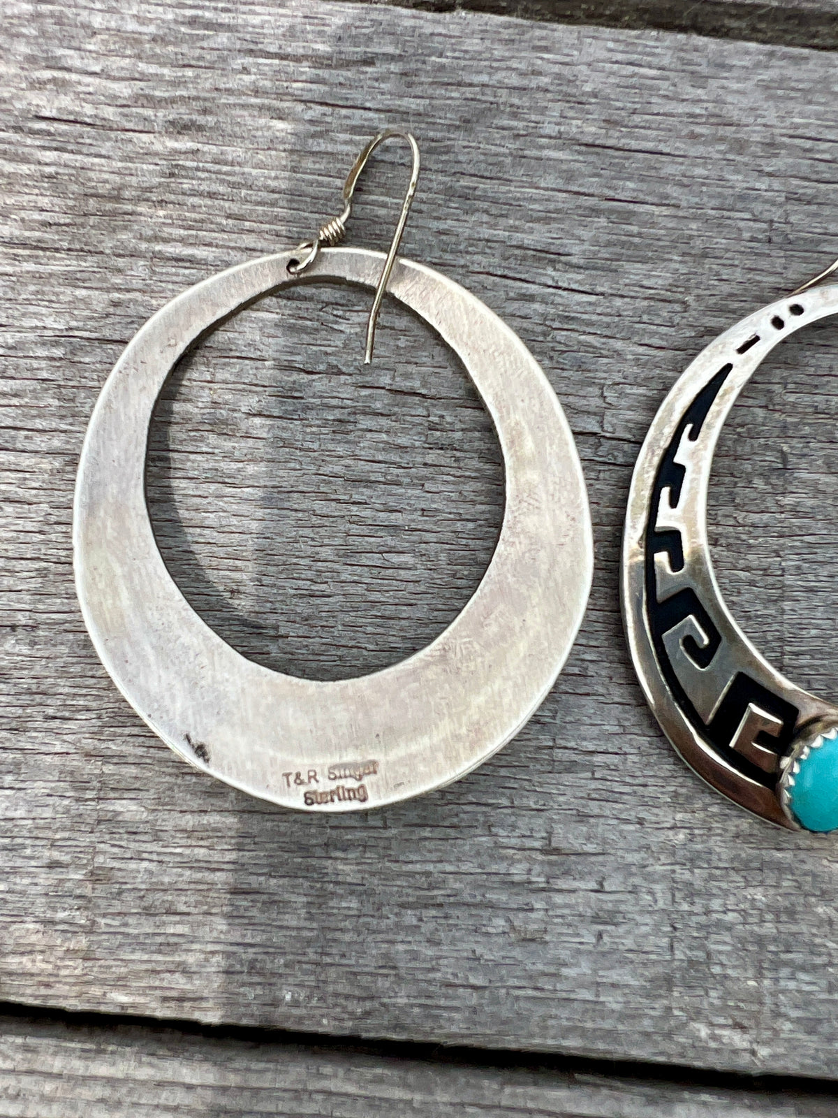Vintage Navajo Handmade by TR Singer- Sterling & Turquoise Overlay Hoop Dangle Earrings 2”x1.4”