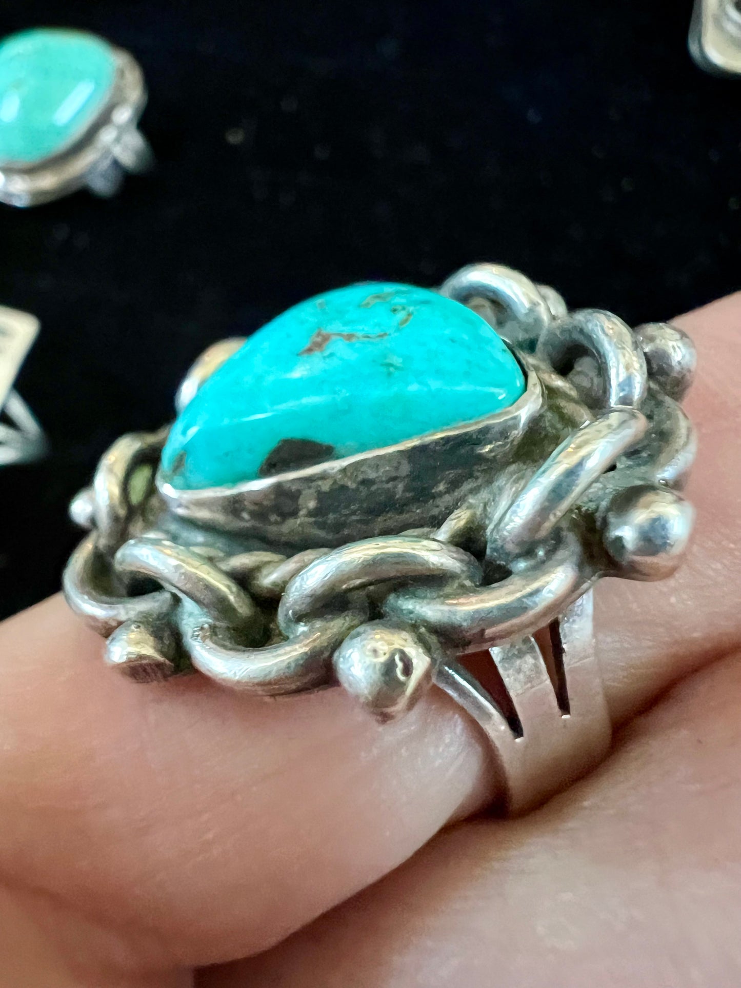 Vintage Handmade Heavy Sterling & Turquoise Ring Sz 8