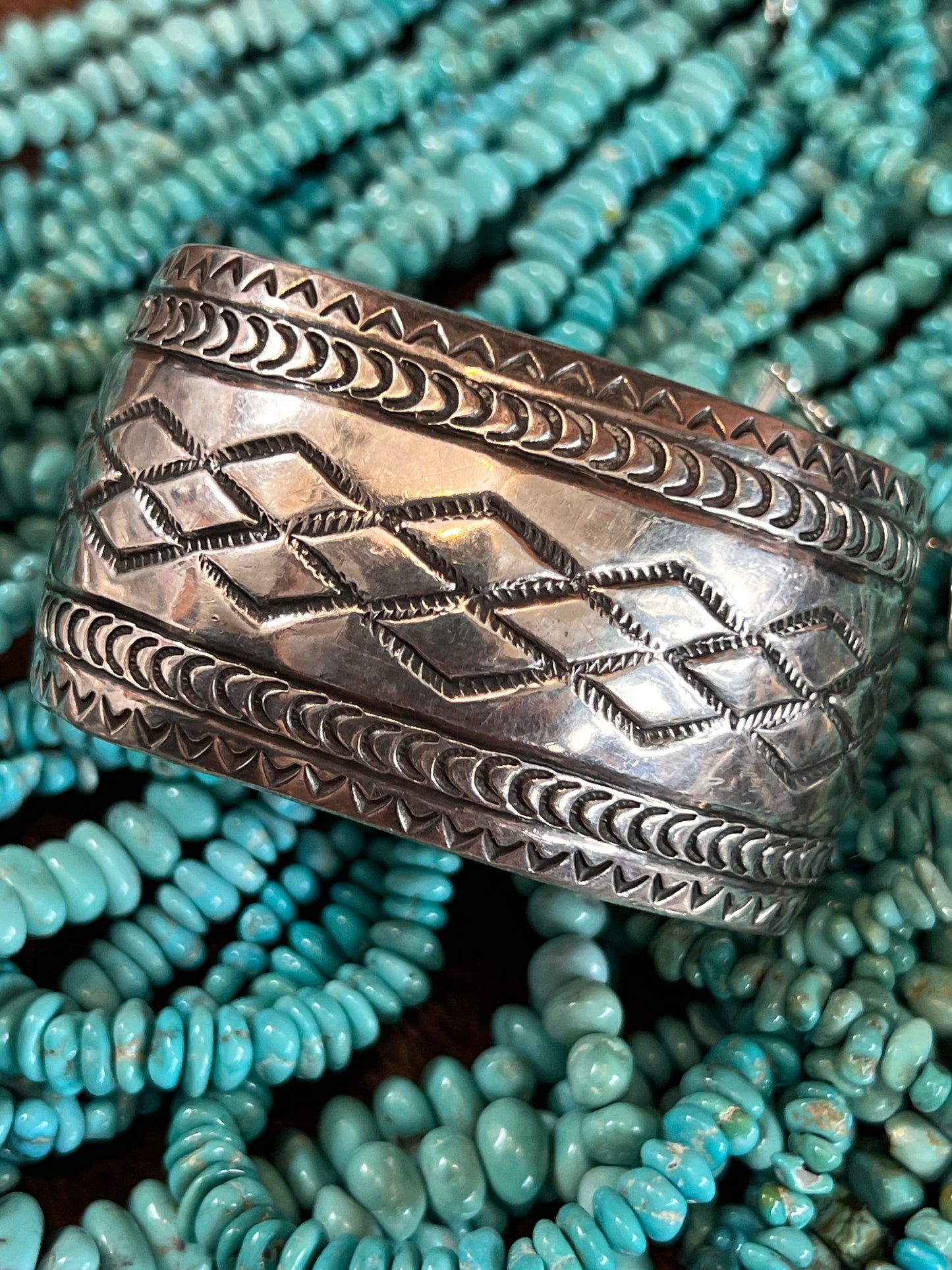 Vintage Heavy Navajo Handmade Sterling Silver Stamped Cuff Bracelet