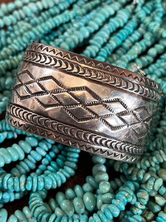 Vintage Heavy Navajo Handmade Sterling Silver Stamped Cuff Bracelet